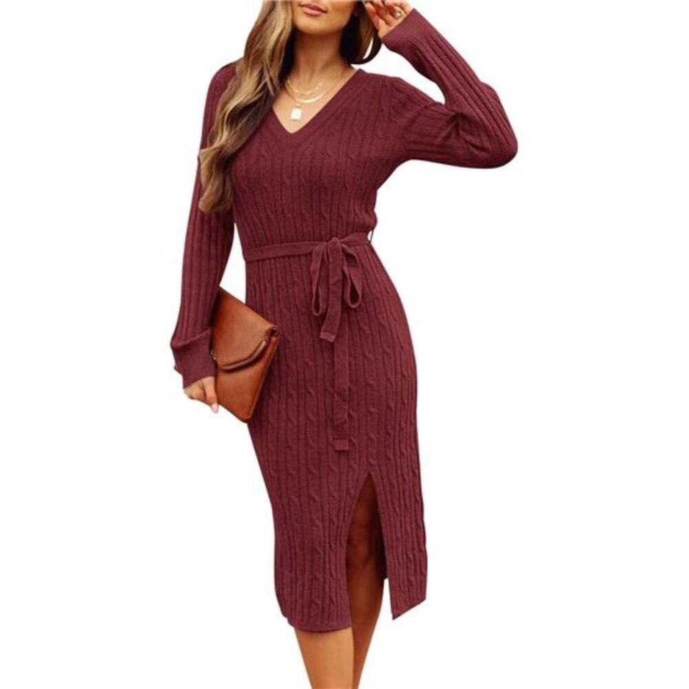 Women’s Winter V-Neck Cable Knit Sweater Dress Long Sleeve Midi